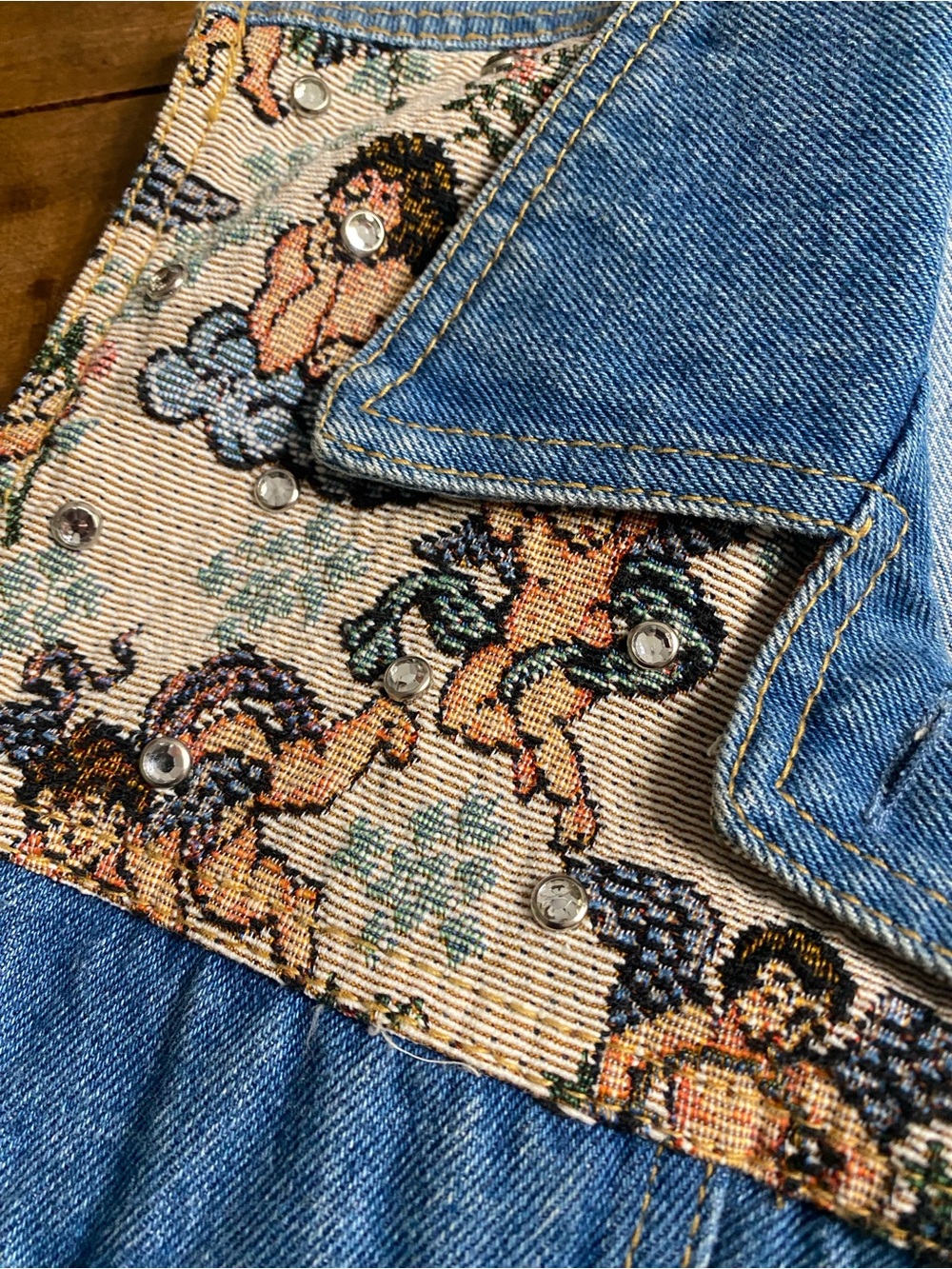 Vintage Denim Vest with Cherub Tapestry Yoke with Shiny Clear Stud Accents